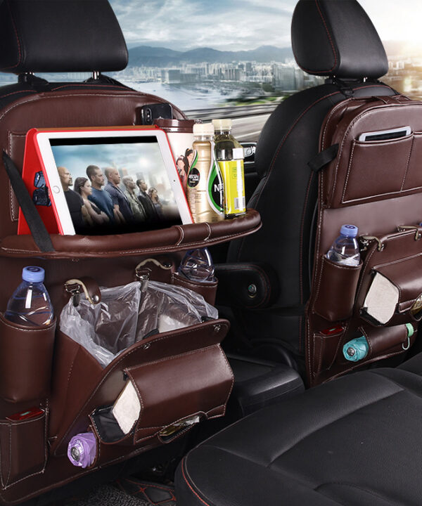 PU Leather Car Back Seat Organizer with Tray – Waterproof, Multi-Pocket Storage Bag