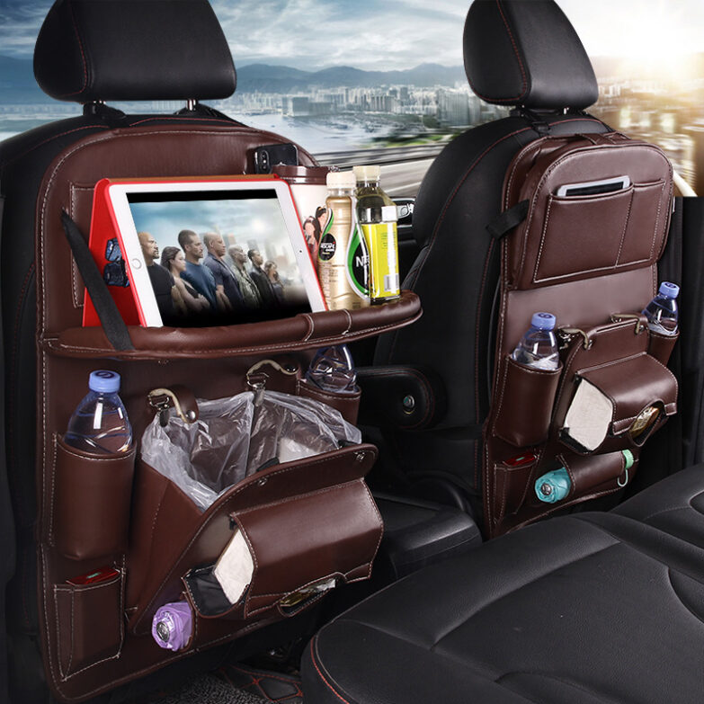 PU Leather Car Back Seat Organizer with Tray – Waterproof, Multi-Pocket Storage Bag